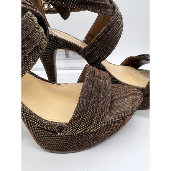 9 Gianni Bini GOLD Glittery Strap Sandal 4” High Heel Open Toe Platform Sling - Picture 2 of 5